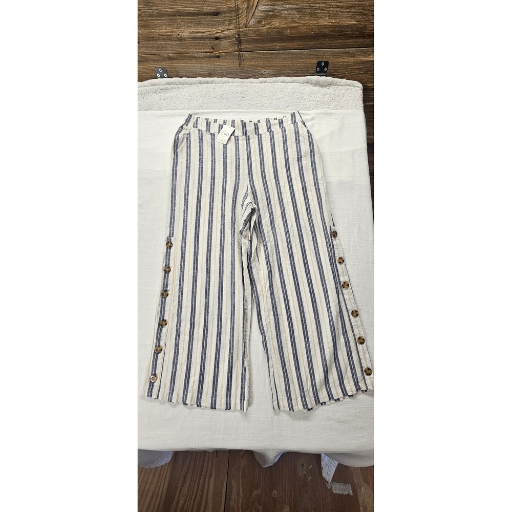 Cato Mens White Blue Yellow Striped Wide Leg Button Side Pants S New